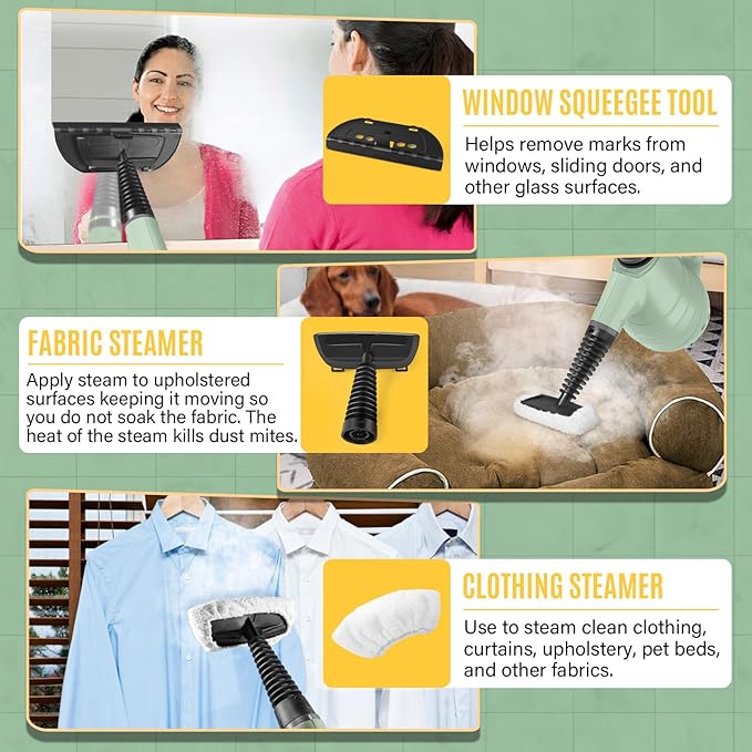 Handheld Steam Cleaner for Home, High-Pressure Chemical-Free Steamer with 10 Accessories for Deep Cleaning and Less Scrubbing on Kitchen Grease, Bathroom Tile, Grout, Floor and Couch(Green)