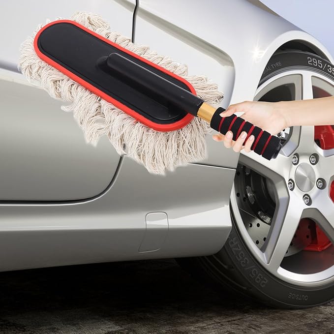 Retractable Car Waxing Brush and Mop Set with Cotton Wire Head, Auto Cleaning Brush for Exterior and Interior Car Care, White Handle for Convenient Vehicle Detailing and Dust