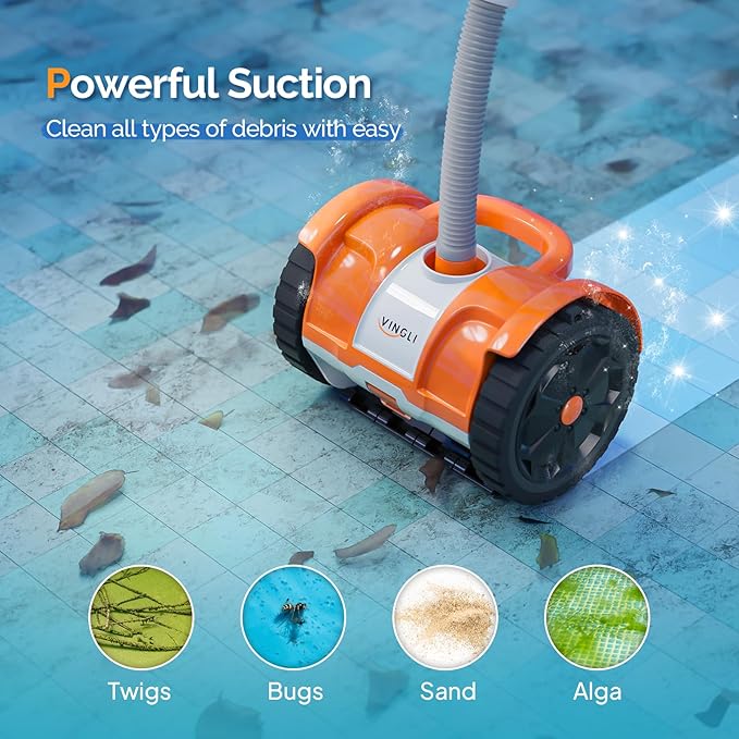 VINGLI Automatic Pool Cleaner for Inground Pools – Suction-Side Pool Vacuum with Powerful Wall-Climbing, 40FT Tangle-Free Hose, Ultra-Quiet Operation – Rich Orange & Gray