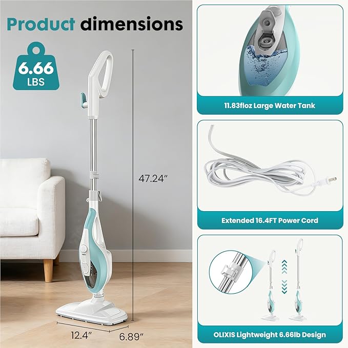 OLIXIS 10-in-1 Steam Mop, 1550W Detachable Handheld Steam Cleaner for Floor Cleaning, 16.4FT Cord, 2 Washable Pads, Multi-Purpose Floor Steamer for Hardwood, Carpet, Tile, Grout, Windows, White Green