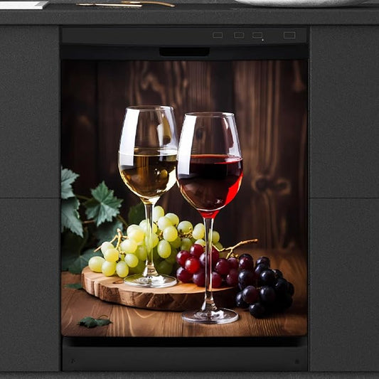 Dishwasher Magnet Cover Red Wine Glass Grapes Reusable Dishwasher Magnetic Cover Sticker Decorative Dish Washer Door Cover Panel for Home Kitcen Appliance, 21x26 in
