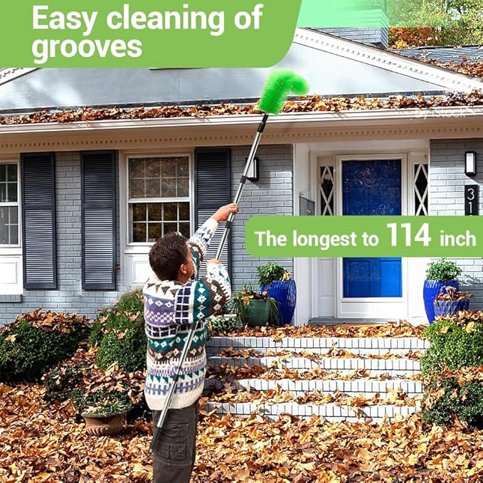 Gutter Cleaning Tools, 12ft Adjustable Length Telescopic Pole Gutter Cleaning Tools from The Ground,9 Stainless Steel Tubes Gutter Cleaning Tools with 2 Brushes Green