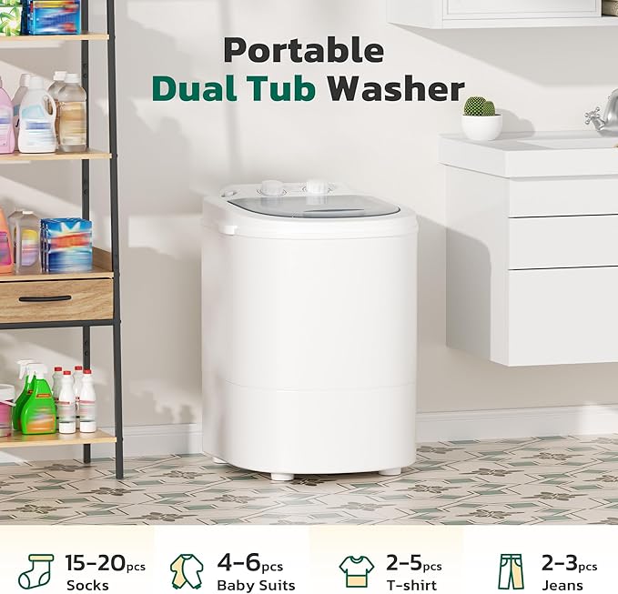Greenvelly Portable Washing Machine, Single Tub Small Laundry Washer with Spin Basket, 6.6lbs Portable Washer Dryer Combo for Apartments,Dorms (White Grey)