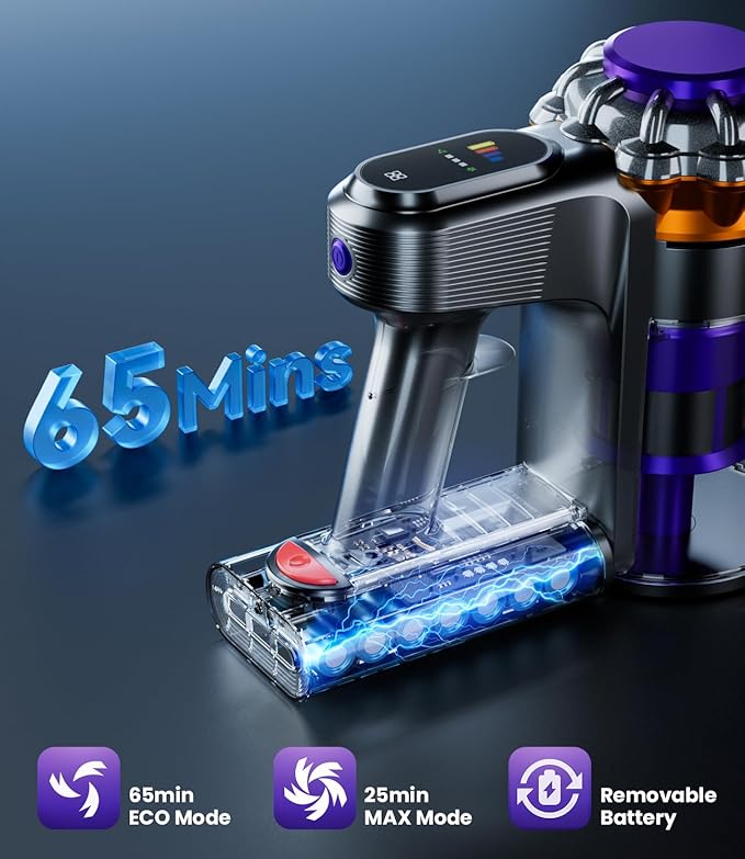 Cordless Vacuum Cleaner, 550W 45KPA 65Mins Vacuum Cleaners for Home, Stick Vacuum with Self-Standing, LED Display & Anti-Tangle Wireless Vacumm, Lightweight Vacuum for Pet Hair Carpet Floor