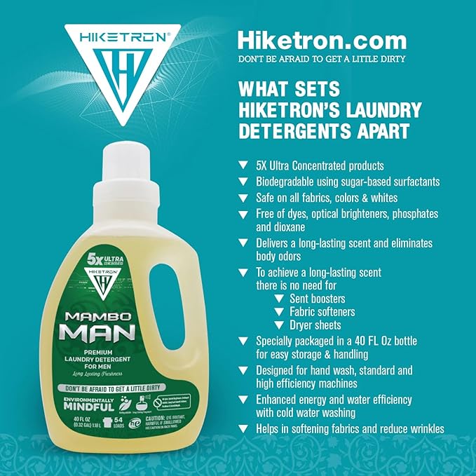 Hiketron Mambo Man Liquid Laundry Detergent, 5x Ultra Concentrated, Tough Stains Remover, Long Lasting Masculine Scent (80 Fl Oz, Pack of 2)