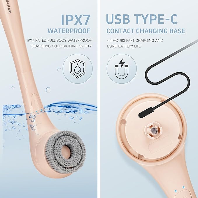 Electric Body Brush, Waterproof Back Scrubber for Shower with Long Handle and 3 Heads, Rechargeable Exfoliating Brush for Body and Foot, Deep Cleansing Massager, Pink