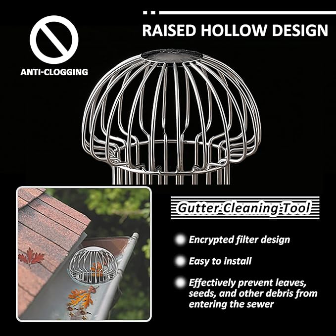 Gutter Guard 304 Stainless Steel Outdoor Roof Drain Anti-Blocking Line Cap, Mushroom Type Drainage Gutter Guard Filter, Gutter Cleaning Tool, for Stops Leaves Seeds and Other Debris,2in （4pcs）