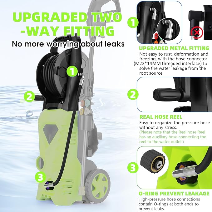 commowner𝐏𝐨𝐰𝐞𝐫 𝐖𝐚𝐬𝐡𝐞𝐫 𝟓𝟎𝟎𝟎𝐏𝐒𝐈 Portable with 33FT Pipe, 4 Nozzle Set for Home/Cars/Fences/Windows, Green