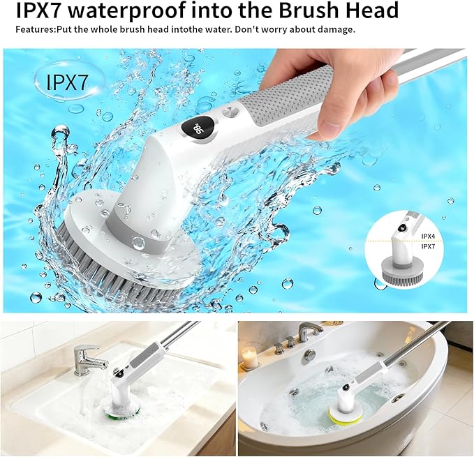 Electric Spin Scrubber, Cordless 20W High-Torque IPX7 Waterproof Cleaning Brush with LED Battery Display, 2-Speed &6 Replaceable Heads & Extendable Long Handle