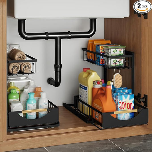 Under Sink Organizer and Storage for Bathroom and Kitchen - 2 Pack 2 Tier Under Cabinet Pull Out Shelf Organizers - Sliding Out Drawer Organization for Home Cabinets Shelves and Drawers