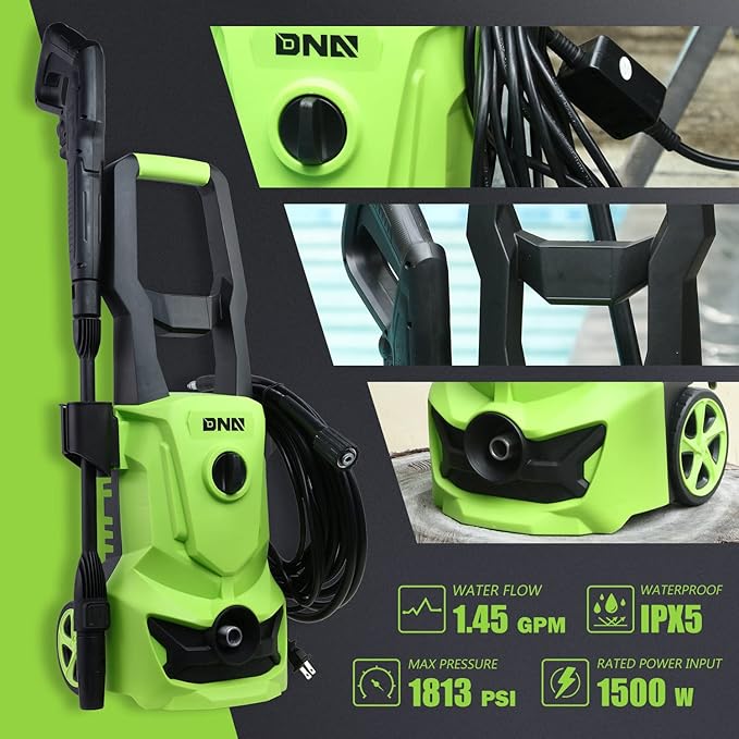 DNA Motoring TOOLS-00228 Up to 1813 PSI 1.45 GPM IPX5 1500W Electric Pressure Washer Car Wash Machine with Adjustable Nozzle Spray Soap Bottle, for Yard Car Driveway Patio Deck Cleaning (Green)