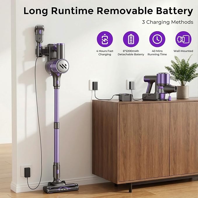 Cordless Vacuum Cleaner,Vacuum Cleaner for Home with Brushless Motor,Lightweight Stick Vacuum with Self-Standing and Touch Screen,Hardwood Floor Vacuum for Pet Hair,Carpets,Tile(Light Purple)
