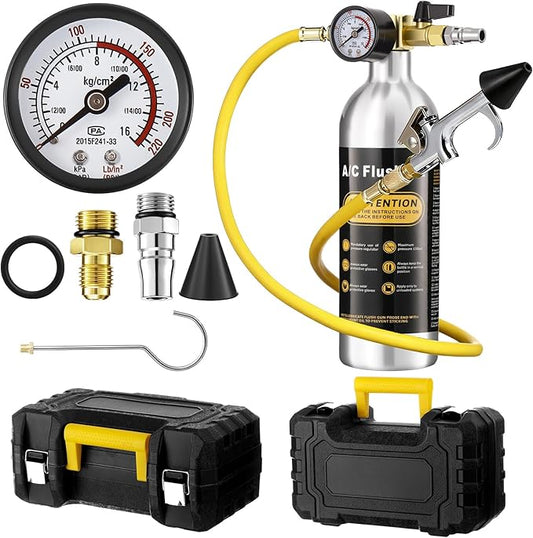 AC Flush Kit Air Conditioner System Flush Canister Kit AC Drain Line Cleaner Tool Conditioning Pipeline Set with Gauge, Air Fittings and Hose for Car Conditioner Pipe (Aluminum,Classic)