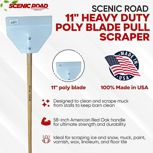 SCENIC ROAD Farm & Ranch Scraper Tool – Heavy Duty Ice Scraper with 11" Pull Blade & 58" Long Handle Floor Scraper – Metal Scraper for Driveway Ice, Barn, Paint or Wood – Made in USA (Model SR11)