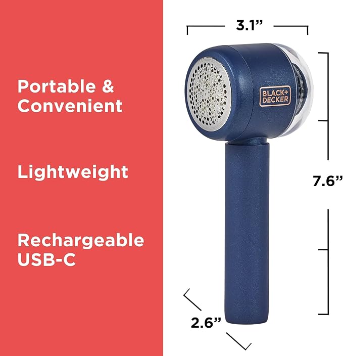 BLACK+DECKER Rechargeable USB-C Fabric & Garment Shaver – Large Capacity Lint Remover for Clothing and Upholstery, 6 Stainless Steel Blades - Image 4