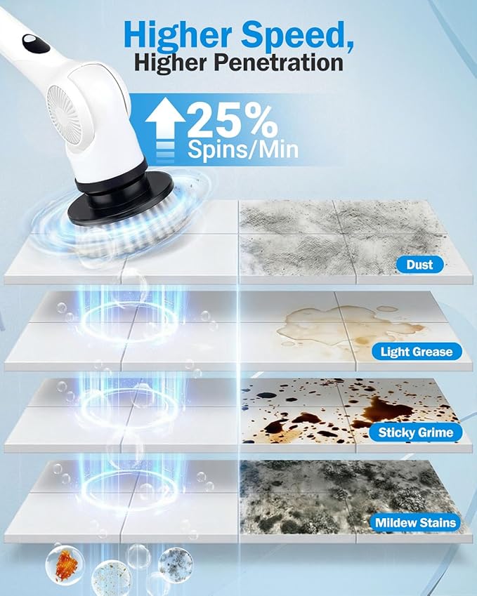 Electric Spin Scrubber, 3-Speed Cordless Shower Scrubber with Long Handle & 10 Replaceable Brush Heads, 90 Mins Runtime & Full-Body IPX7 Waterproof Shower Cleaner Brush for Bathroom Kithchen