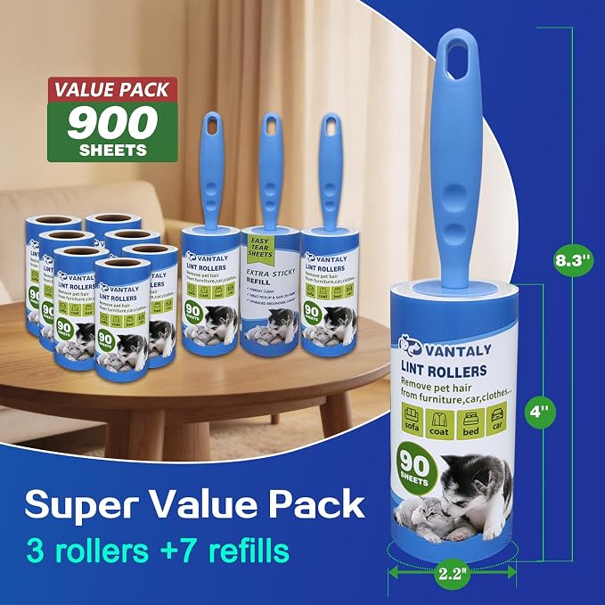 Extra Sticky Lint Roller Mega Value Set 900 Sheets for Pet Hair Removal and Clothes, Dog and Cat Lint Remover, 10 Pack - Image 3