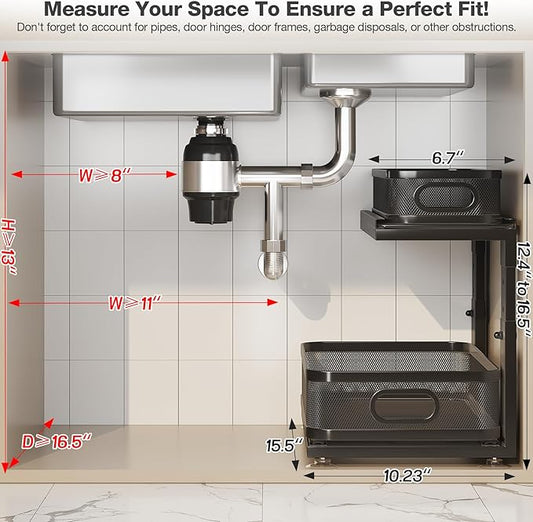 2 Pack Under Sink Organizer With Next-Gen Ball-Bearing Slides,2-Tier Precision Mesh Pull Out Cabinet Shelf Storage for Bathroom&Kitchen,Slide Out Drawers Height Adjustable,Rust-resistant