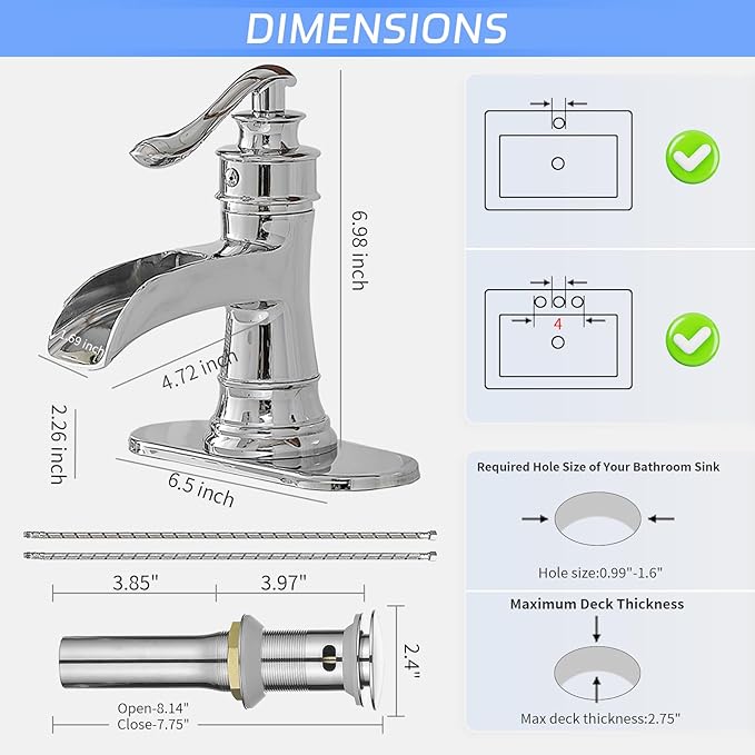 BWE Chrome Bathroom Faucet Waterfall Sink Vanity Single Hole Faucets Restroom Bath One Handle Basin centerset with Pop Up Drain Stopper Mixer Tap Overflow Supply Line