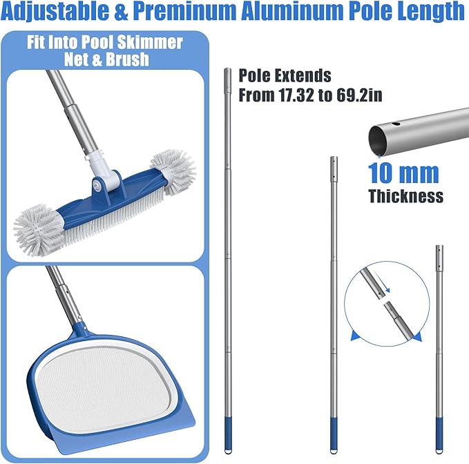 CKE Swimming Pool Cleaning Kit - Telescopic Pole, Rotatable Brush, Fine Mesh Skimmer Net for Inground & Above Ground Pools