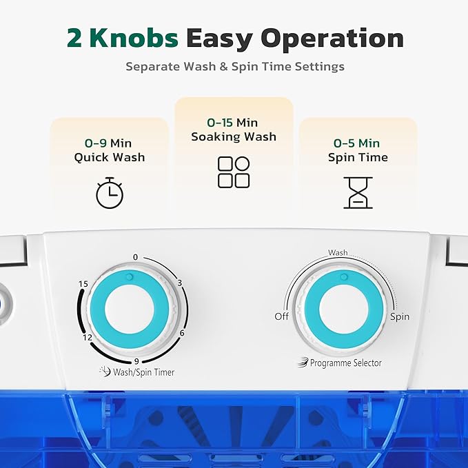 Greenvelly Portable Washing Machine, Single Tub Small Laundry Washer with Spin Basket, 6.6lbs Portable Washer Dryer Combo for Apartments,Dorms (Blue)