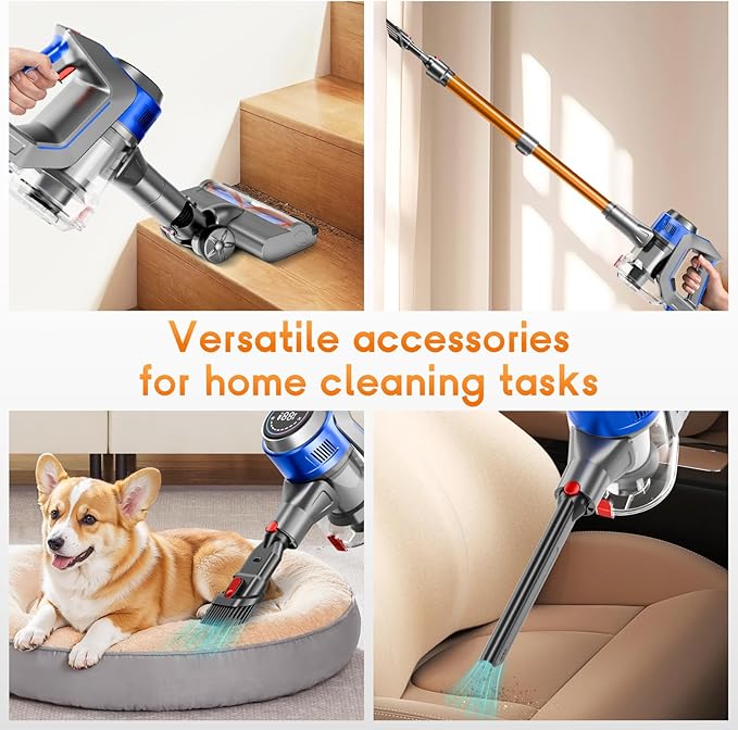 BSNAW Cordless Stick Vacuum Cleaner - Rechargeable, 35Kpa Powerful Vacuums with Detachable Battery, LED Display, 45Mins Runtime, 8 in 1 Handheld Vacuum for Hardfloor & Carpets Pet Hair, Blue-Y