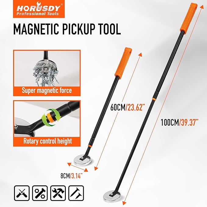 HORUSDY 36-Inch Rolling Magnetic Sweeper with Wheels | 40-Inch Telescoping Magnetic Pickup Tool | Adjustable Handle | 55-Pound Capacity Heavy-Duty Magnet to Pick Up Nails