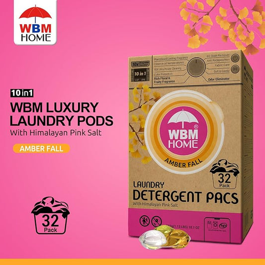 WBM Home Laundry Detergent Pods, Total 128 Count | Amber Fall Fragrance | 10 in 1 Laundry pods Detergent Ultra Power Cleaning with Plant-Based Scent, Extra Protection With 4D Stain Remover
