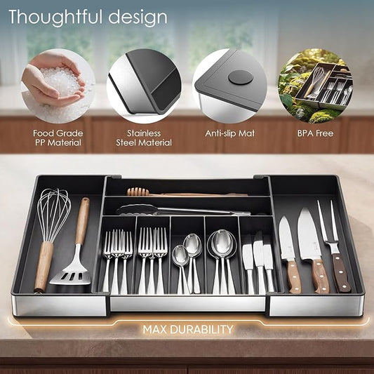 Extra Large Silverware Organizer, 9 Slot Expandable Kitchen Drawer Organizer, Utensil Holder, Heavy Duty Stainless Steel Frame Silverware Drawer Organizer, 8 Non-Slip Feet Included, BPA Free, Black
