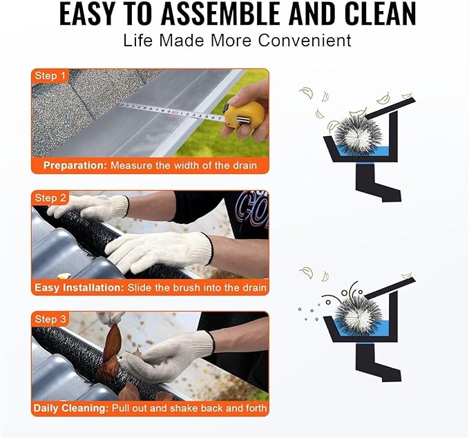Gutter Brush 30ft, 4.33in Gutter Cleaning Tools, Gutter Guard for 5 Inch Gutters, Leaf & Debris Blocker, DIY Installation, 10 Pack