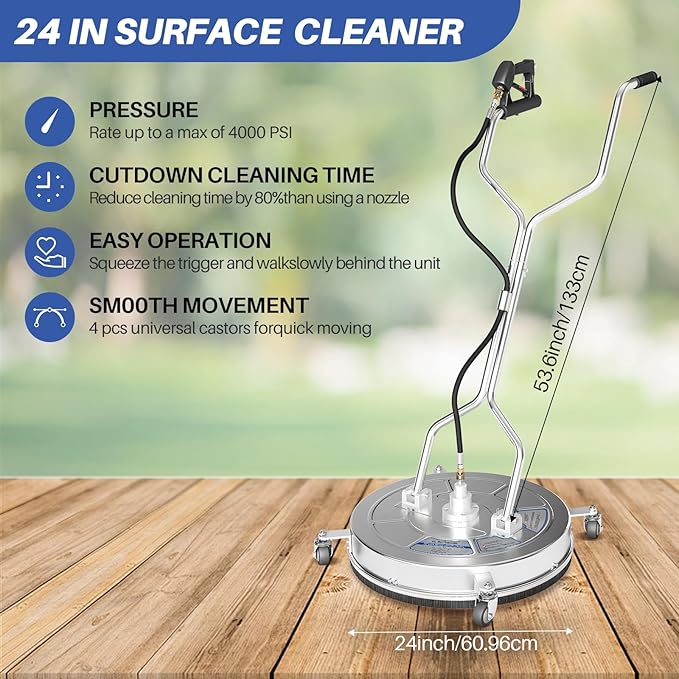 24" Pressure Washer Surface Cleaner with 4 Wheels, Dual Handle,Stainless Steel Housing, 4 Replacement Nozzle Cores and 2 Hose Adapters, Ideal for Driveways, Sidewalks, Patios, Decks Cleaning