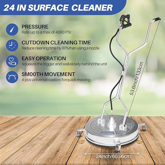 24" Pressure Washer Surface Cleaner with 4 Wheels, Dual Handle,Stainless Steel Housing, 4 Replacement Nozzle Cores and 2 Hose Adapters, Ideal for Driveways, Sidewalks, Patios, Decks Cleaning