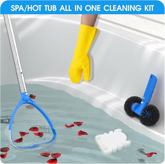 5-in-1 Spa Cleaning Set - Hot Tub Small Pools Maintenance Accessories Kit - Skimmer Net, Round Brush, 2ft Pole, Scrub Glove and Scum Absorber