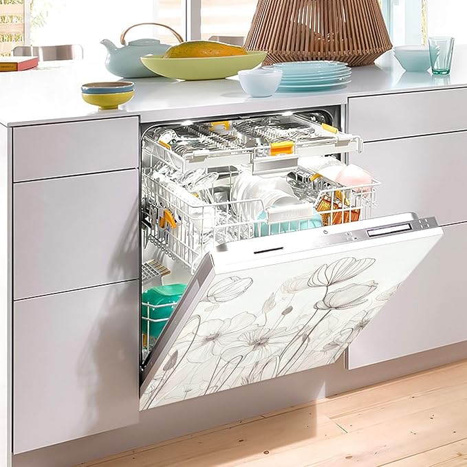 Vnurnrn Dishwasher Magnet Cover Line Drawn Flowers Print, Dish Washer Cover for Kitchen Decor, Easily Trimmable Dishwasher Sticker Refrigerator Magnetic Cover 23×26 in