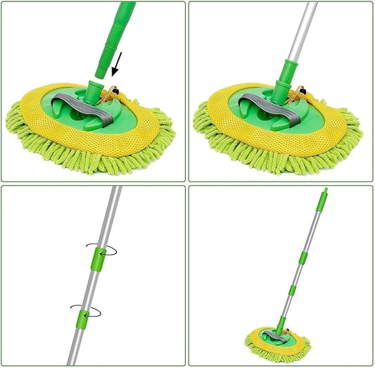 47" Car Wash Brush Mop Cleaning Tool with Long Handle Kit for Washing Detail Car Truck, SUV, RV, Trailer, Boat 2 in 1 Chenille Microfiber Sponge Duster, Paint Scratch Free