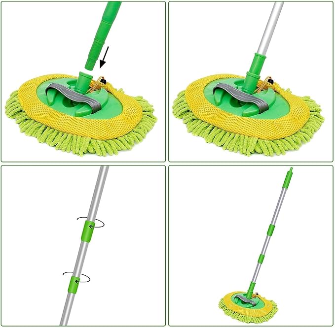 47" Car Wash Brush Mop Cleaning Tool with Long Handle Kit for Washing Detail Car Truck, SUV, RV, Trailer, Boat 2 in 1 Chenille Microfiber Sponge Duster, Paint Scratch Free