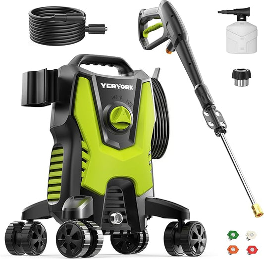 Yeryork Pressure Washer, Power Washer with 4 Lockable Wheels, Steel Wand, 4 Quick Connect Nozzles, 500ml Foam Cannon, High Pressure Washer for Decks/Driveways/Cars Cleaning