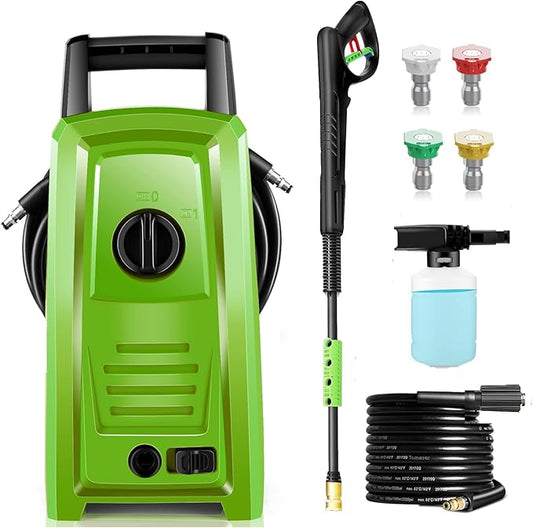 𝐏𝐨𝐰𝐞𝐫 𝐖𝐚𝐬𝐡𝐞𝐫 𝟒𝟓𝟎𝟎𝐏𝐒𝐈 Portable with 20FT Pipe, 4 Nozzle Set for Home/Cars/Fences/Windows, Green