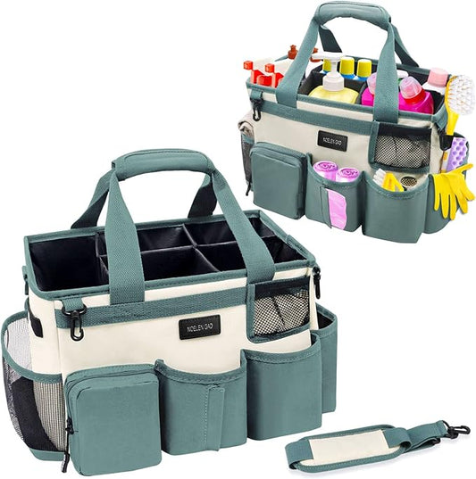 Wearable Cleaning Caddy Bag,Cleaning Supply Tote for Cleaning Supplies, Cleaning Organizer with Adjustable Shoulder and Waist Straps for Cleaners & Housekeepers (Large, Green White)
