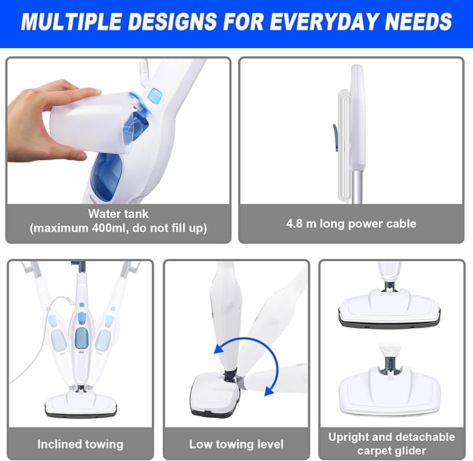 Electric Cleaner Floor Hot Steam Mop 1500W Floor Steam Cleaner 5-in-1 Tile Cleaner Hard Wood Floor Cleaner MultiPurpose Handheld Steam Cleaner with 2 Washable Microfiber Pads