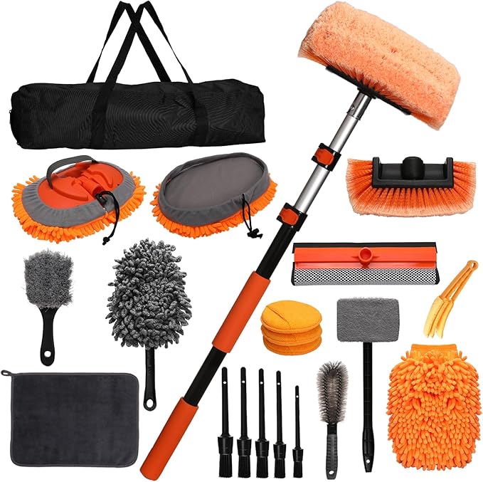 21Pcs Car Wash Kit with 60" Heavy-Duty Extension Pole, Soft Car Wash Brush, Wheel & Tire Brush, Scratch-Free Car Mop Mitt & Window Squeegee, Detailing Tool for Car Exterior & Interior Cleaning
