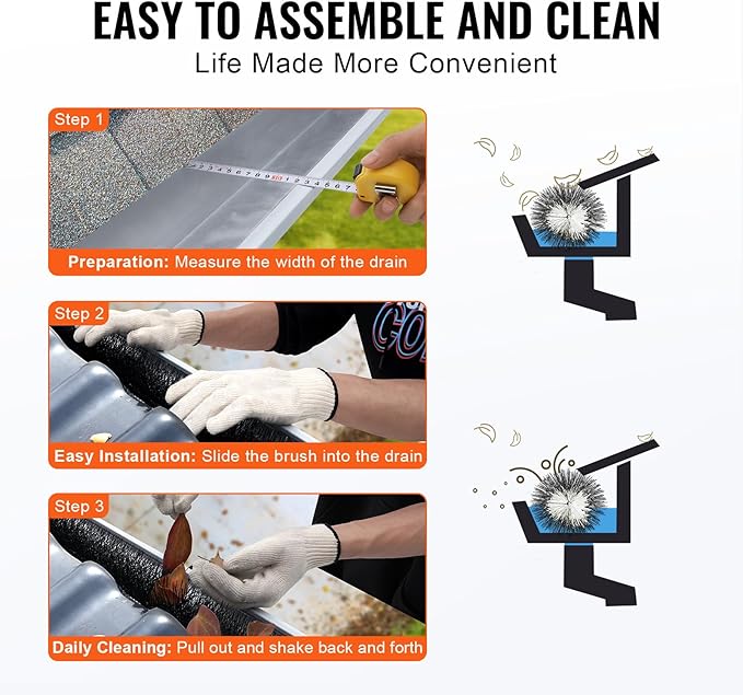Happybuy 30 Feet Gutter Brush, 4.33" Diameter Gutter Cleaning Tools, Leaf Guard for 5" Gutters, Ground-Level Debris Removal, 10-Pack, Polypropylene & Galvanized Steel