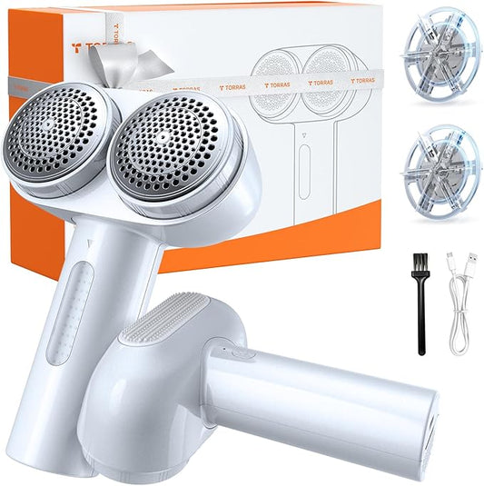 TORRAS Dual-Head Fabric Shaver, Longest Durability & 50ml Large Capacity Rechargeable Lint Removers to Remove Pills, 6-Leaf Blades Defuzzer, Electric Shaver for Clothes Couch Furniture, Pearl White