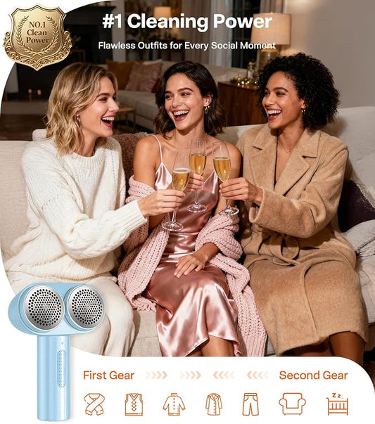 TORRAS Dual-Head Fabric Shaver, Longest Durability & 50ml Large Capacity Rechargeable Lint Removers to Remove Pills, 6-Leaf Blades Defuzzer, Electric Shaver for Clothes Couch Furniture, Blue