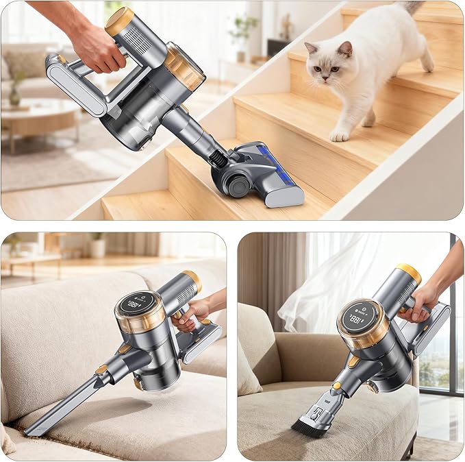 Cordless Vacuum Cleaner, 30Kpa Vacuum Cleaners for Home, Stick Vacuum with LED Display, 2 Roller Brushes for Anti-Tangle & Hard Floor, 6 in 1 Lightweight Vacuum for Hard Floors Carpet Pet Hair