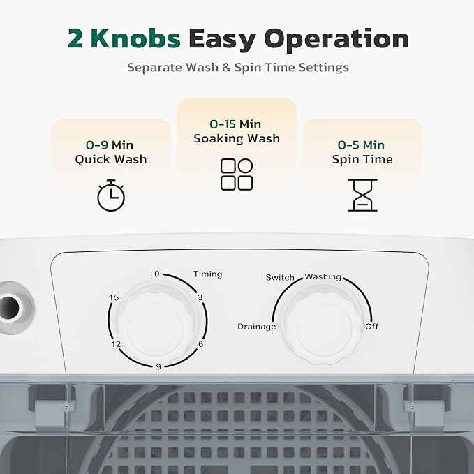 Greenvelly Portable Washing Machine, Single Tub Small Laundry Washer with Spin Basket, 6.6lbs Portable Washer Dryer Combo for Apartments,Dorms (White Grey)