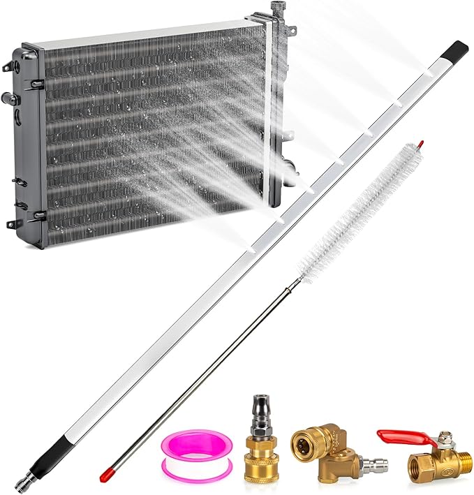 Upgraded 47" Radiator Pressure Washer Cleaning Wand: Thickened Heavy Duty 4500PSI Radiator Power Washer Tool w/ 7 Nozzles, Cleaning Brush, Portable Water/Air Flush Radiator Cleaner Wand for Truck Car