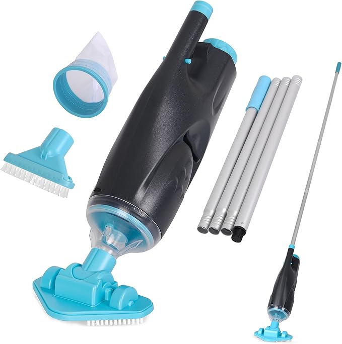 Rechargeable Handheld Pool Vacuum Set with Adjustable Pole and 2 Interchangeable Brush Heads, Ideal for Above-Ground Pools, Hot Tubs, Spas, and Small Pools up to 20ft – Cordless Spot Cleaner(Blue)