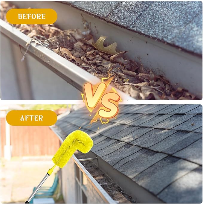 Gutter Cleaning Brush Extendable Guard Cleaner Tool with 8 Pcs Telescoping Handle Extension Pole 10ft, Gutter Cleaning Tools from The Ground for Easy Removing Leaves Debris Window Cleaner (Yellow)