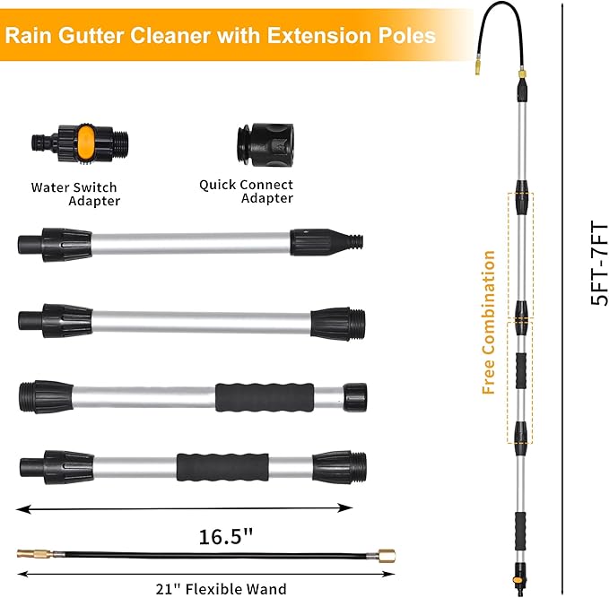 Gutter Cleaning Tools from The Ground-Gutter Cleaner with Max 7FT Extension Wand,Gutter Cleaning Wand with Quick Connection Five Extension Gutter Cleaning Poles for Garden Hose